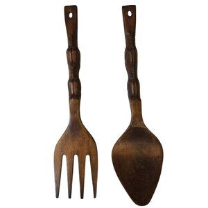 Large Wooden Fork And Spoon Tiki Wall Decor Handcarved Decorative Kitchen Art